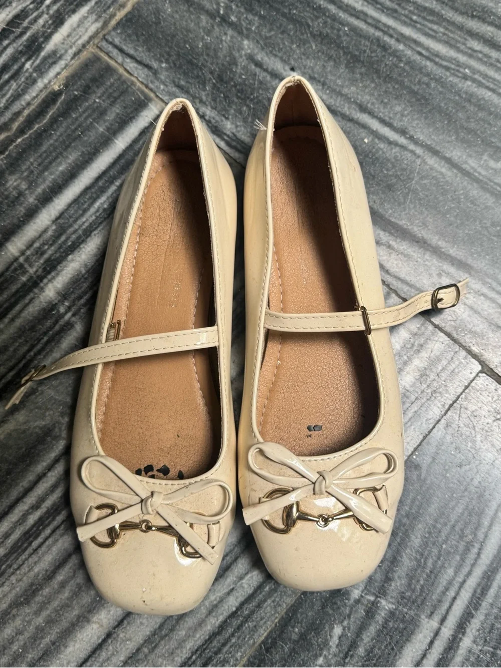 Girls Cream Mary Jane Flats with Bow Detail